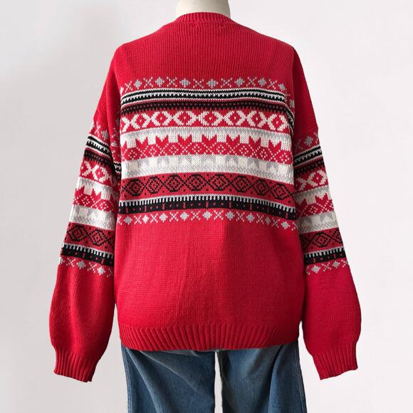 Vintage 90s Fair Isle Sweater Apres Ski Nordic Red Henley Cozy Knit Scandi XL - Picture 10 of 11